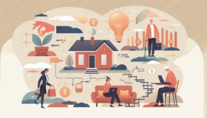 Retirees surrounding a home with symbols representing an enjoyable retirement.