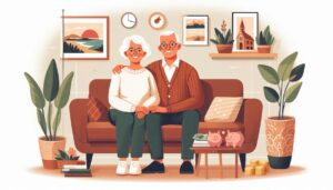 Retired couple smiling and holding hands on a couch, surrounded by symbols of financial freedom and security.